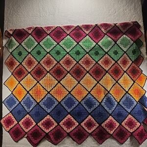 Vintage Handmade Crochet Afghan Throw Blanket Rainbow Bright Granny Square 90x55